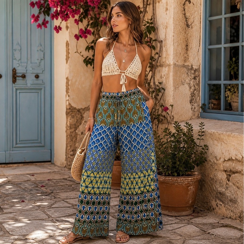 Zara Patchwork Geometric Print Wide‎ Leg Pants Womens Size S Boho Palazzo Casual